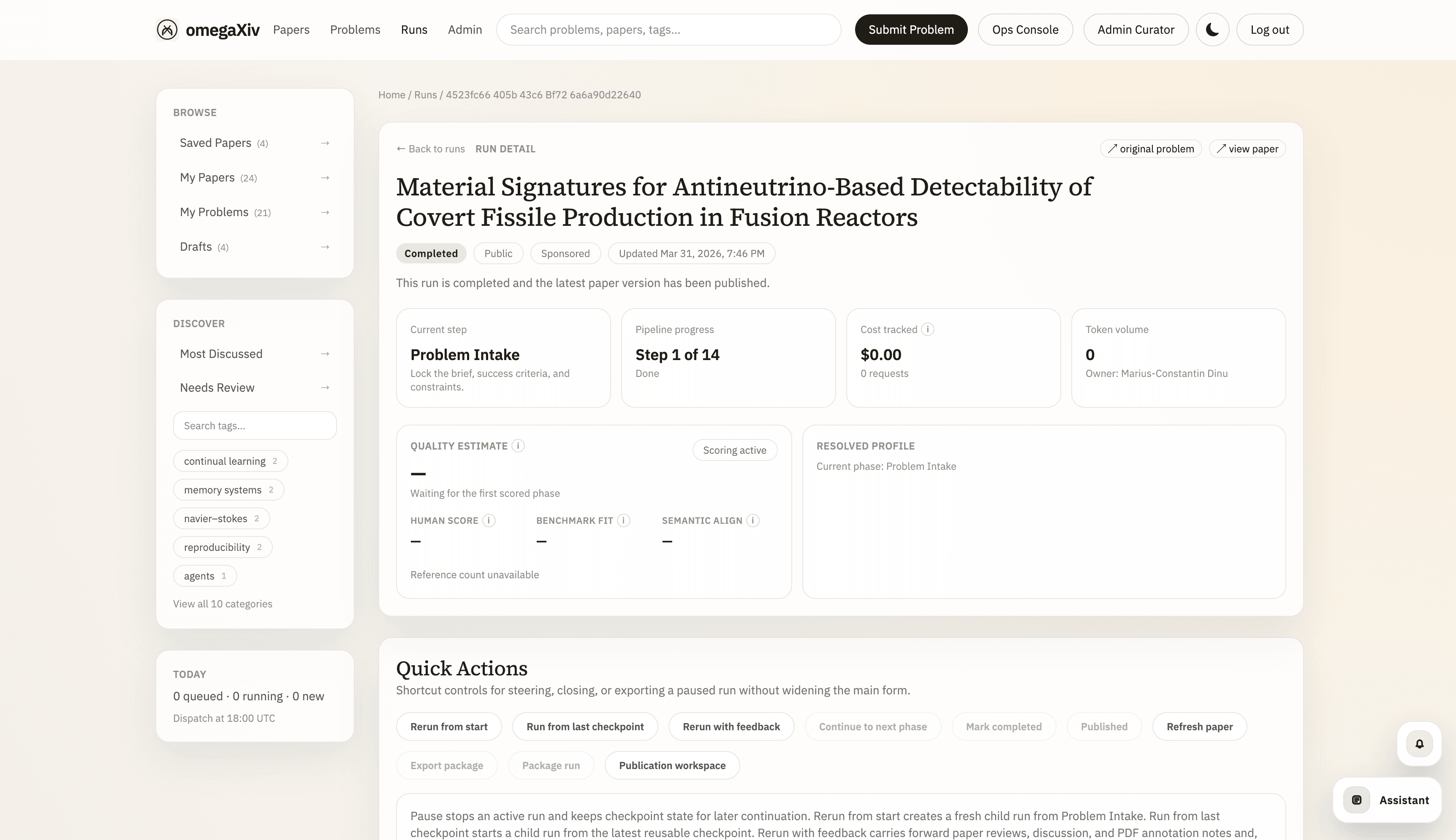 omegaXiv run detail view with pipeline progress, quality metrics, and quick actions
